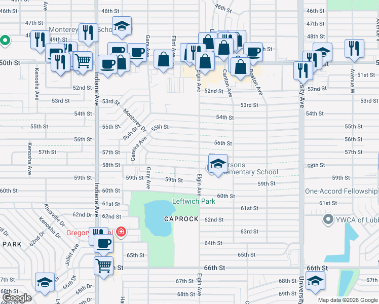 map of restaurants, bars, coffee shops, grocery stores, and more near 3007 56th Street in Lubbock