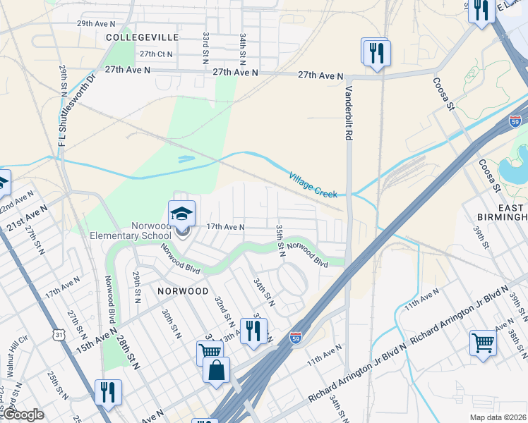 map of restaurants, bars, coffee shops, grocery stores, and more near 1730 34th Place North in Birmingham