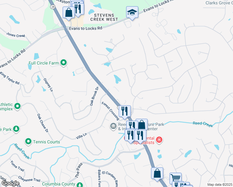 map of restaurants, bars, coffee shops, grocery stores, and more near 557 Furys Ferry Road in Martinez
