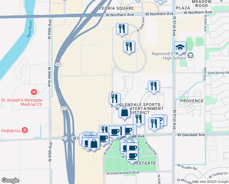 map of restaurants, bars, coffee shops, grocery stores, and more near 3 North 95th Avenue in Glendale