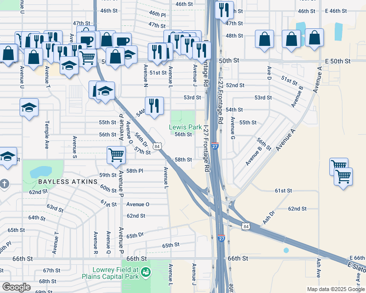 map of restaurants, bars, coffee shops, grocery stores, and more near 1102 58th Street in Lubbock