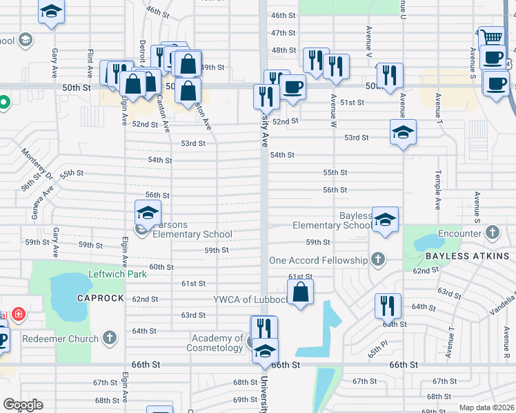 map of restaurants, bars, coffee shops, grocery stores, and more near 2503 56th Street in Lubbock