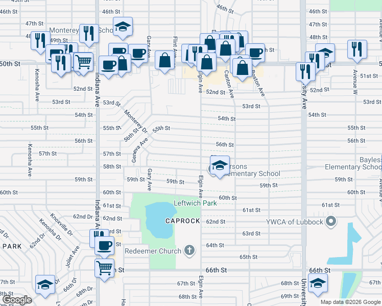 map of restaurants, bars, coffee shops, grocery stores, and more near 3007 56th Street in Lubbock