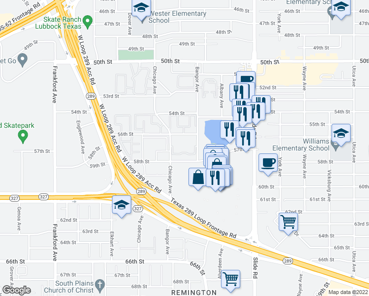 map of restaurants, bars, coffee shops, grocery stores, and more near 21-28 56th Street in Lubbock
