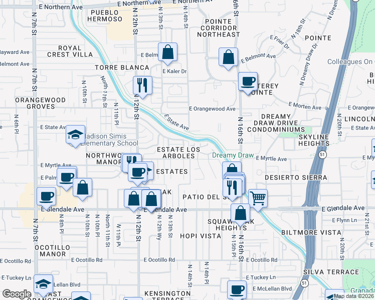 map of restaurants, bars, coffee shops, grocery stores, and more near 7233 North 13th Way in Phoenix