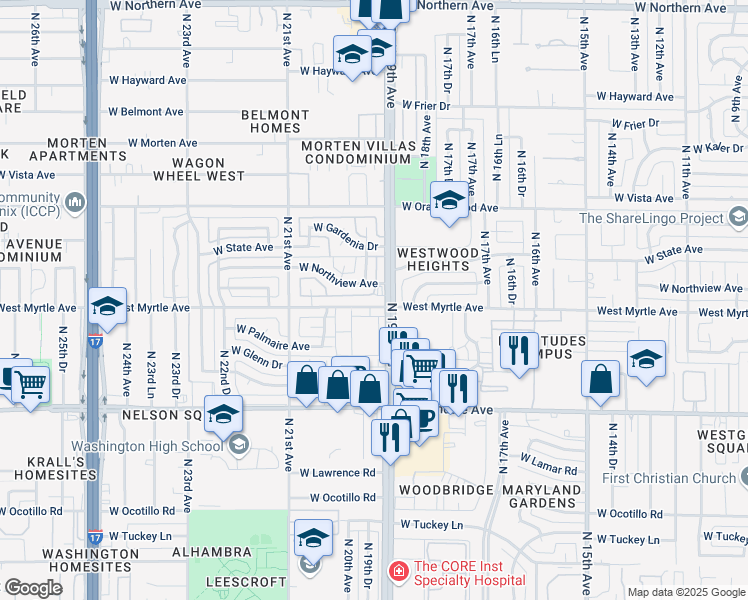 map of restaurants, bars, coffee shops, grocery stores, and more near 1925 West Northview Avenue in Phoenix