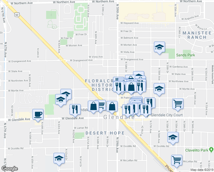 map of restaurants, bars, coffee shops, grocery stores, and more near 5941 West Northview Avenue in Glendale