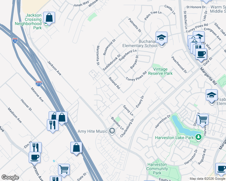 map of restaurants, bars, coffee shops, grocery stores, and more near 40370 Kaelan Court in Murrieta
