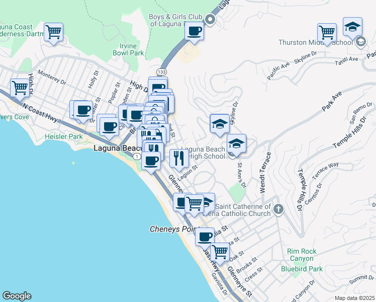 map of restaurants, bars, coffee shops, grocery stores, and more near 421 Loma Terrace in Laguna Beach