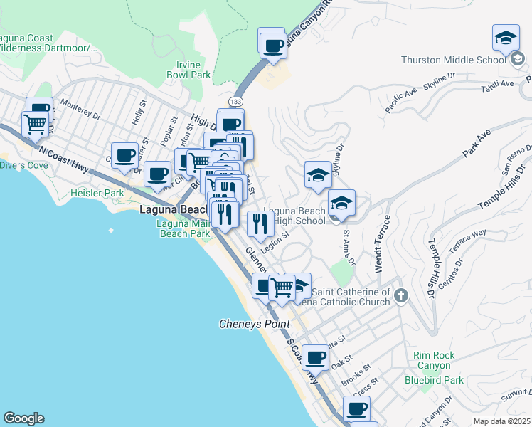 map of restaurants, bars, coffee shops, grocery stores, and more near 421 Loma Terrace in Laguna Beach