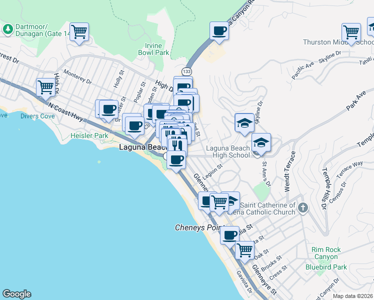 map of restaurants, bars, coffee shops, grocery stores, and more near 395 2nd Street in Laguna Beach