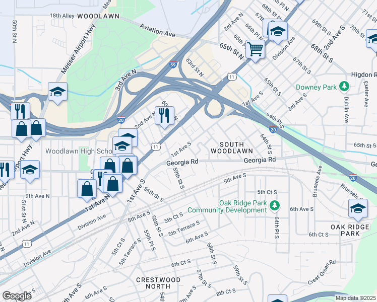 map of restaurants, bars, coffee shops, grocery stores, and more near 6005 1st Avenue North in Birmingham