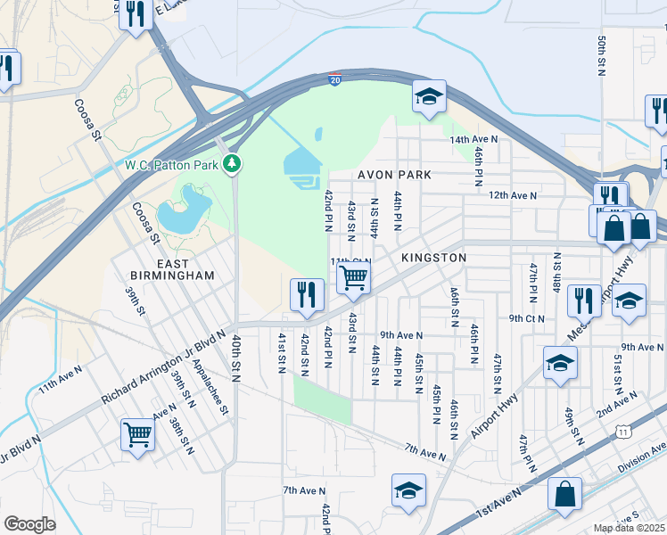 map of restaurants, bars, coffee shops, grocery stores, and more near 1125 42nd Place North in Birmingham