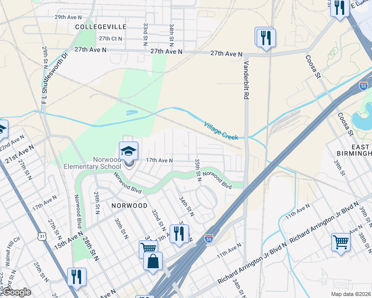 map of restaurants, bars, coffee shops, grocery stores, and more near 1730 34th Place North in Birmingham
