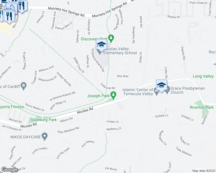 map of restaurants, bars, coffee shops, grocery stores, and more near 30608 Finbrook Road in Murrieta