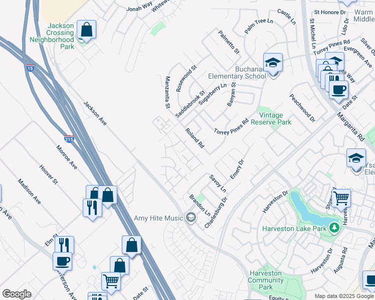 map of restaurants, bars, coffee shops, grocery stores, and more near 26374 Arboretum Way in Murrieta