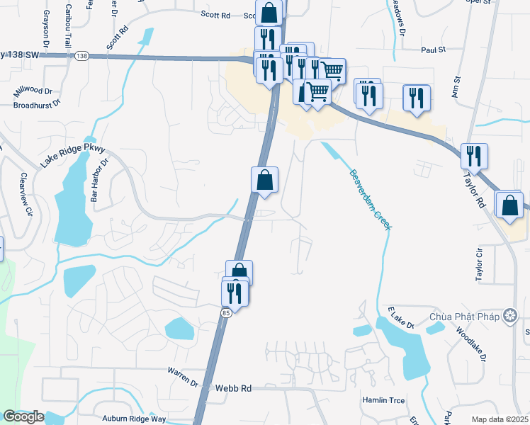 map of restaurants, bars, coffee shops, grocery stores, and more near 7786 Georgia 85 in Riverdale