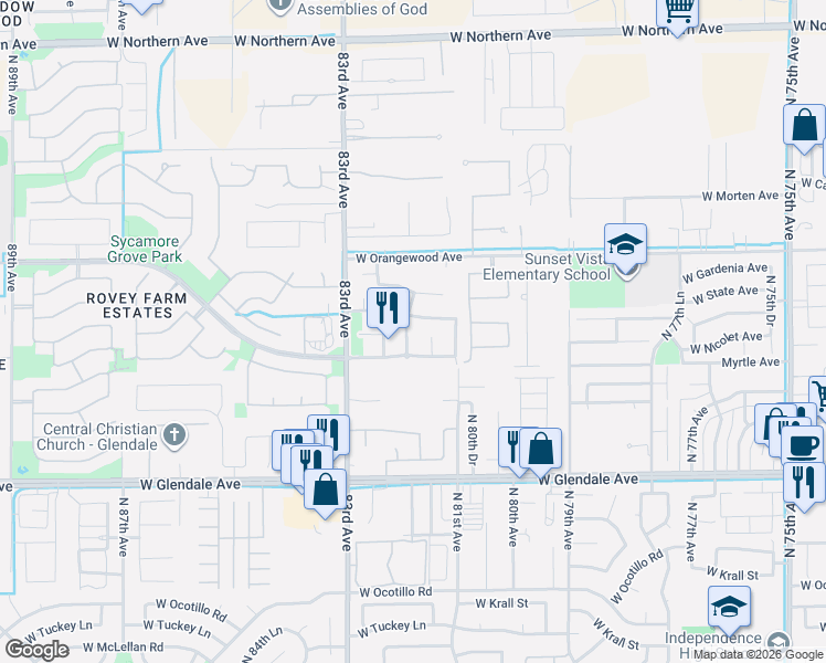 map of restaurants, bars, coffee shops, grocery stores, and more near 8132 West State Avenue in Glendale