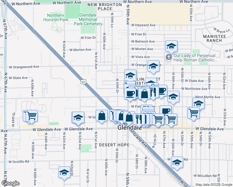map of restaurants, bars, coffee shops, grocery stores, and more near 7208 North 59th Drive in Glendale