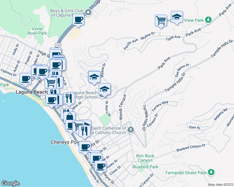 map of restaurants, bars, coffee shops, grocery stores, and more near 871 Park Avenue in Laguna Beach