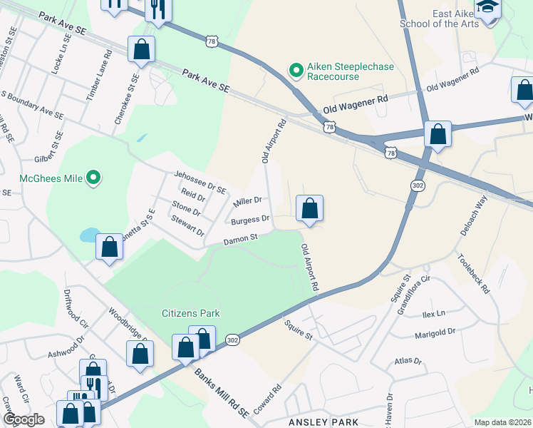 map of restaurants, bars, coffee shops, grocery stores, and more near 406 Old Airport Road in Aiken