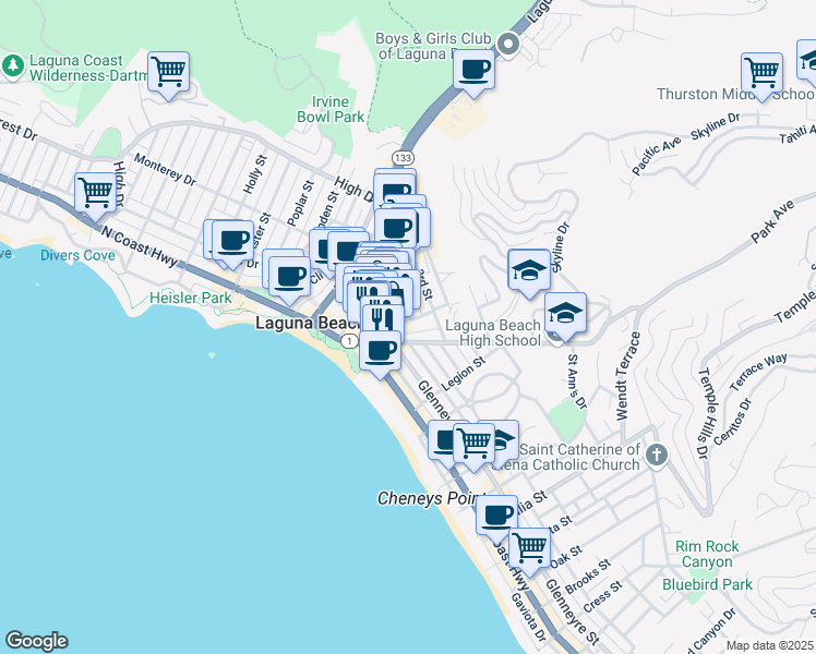 map of restaurants, bars, coffee shops, grocery stores, and more near 377 Mermaid Street in Laguna Beach