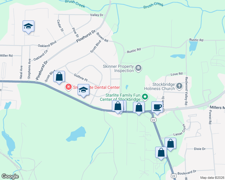 map of restaurants, bars, coffee shops, grocery stores, and more near 290 Charlotte Boulevard in Stockbridge