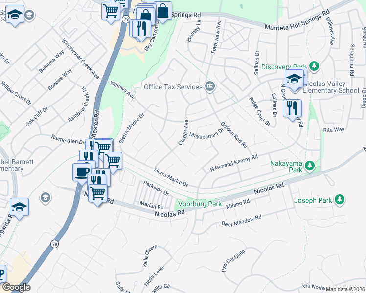 map of restaurants, bars, coffee shops, grocery stores, and more near 39584 Cardiff Avenue in Murrieta