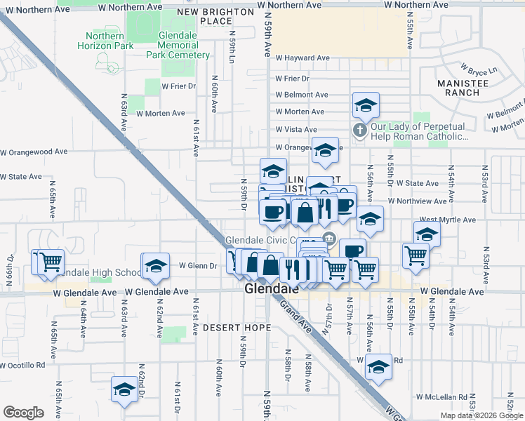 map of restaurants, bars, coffee shops, grocery stores, and more near 5901 West Northview Avenue in Glendale