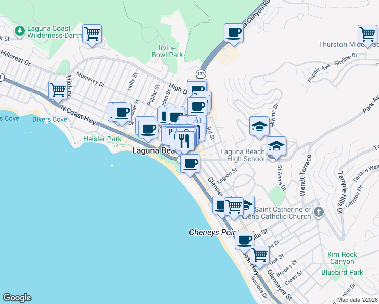 map of restaurants, bars, coffee shops, grocery stores, and more near 260 Forest Avenue in Laguna Beach