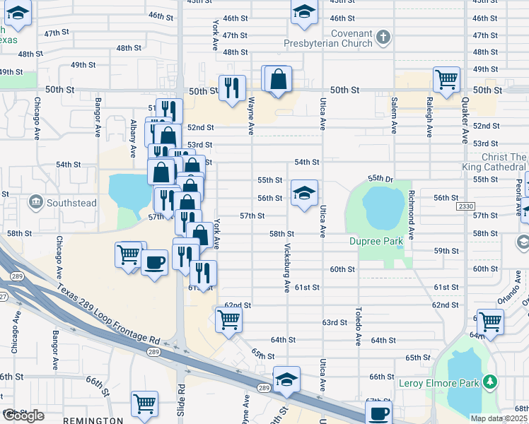 map of restaurants, bars, coffee shops, grocery stores, and more near 4915 56th Street in Lubbock