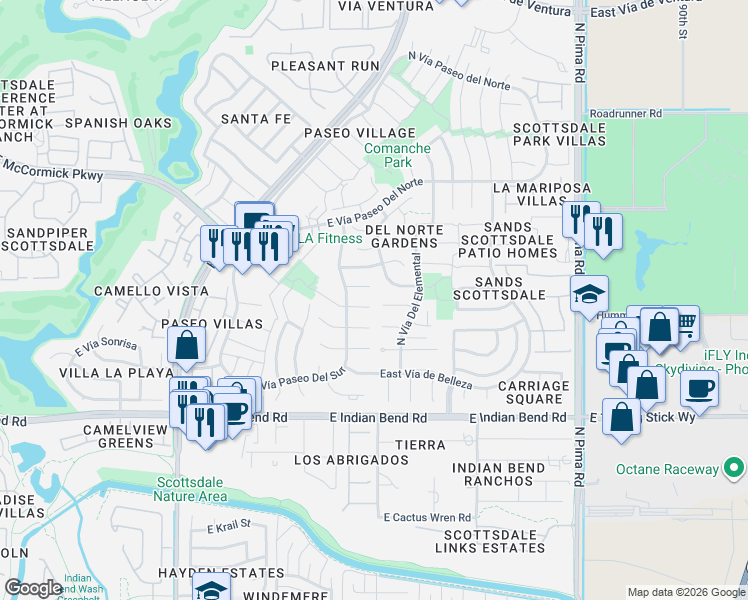 map of restaurants, bars, coffee shops, grocery stores, and more near 8406 East Vía De Dorado in Scottsdale