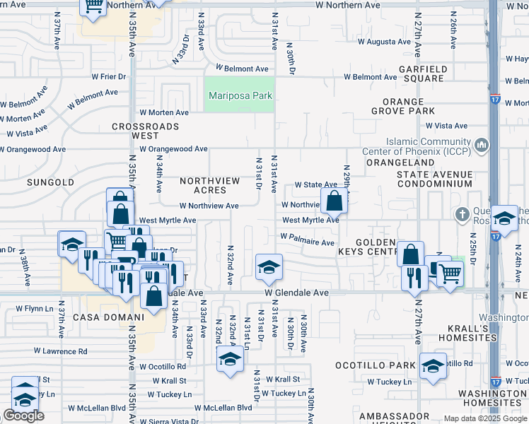 map of restaurants, bars, coffee shops, grocery stores, and more near 7205 North 31st Drive in Phoenix