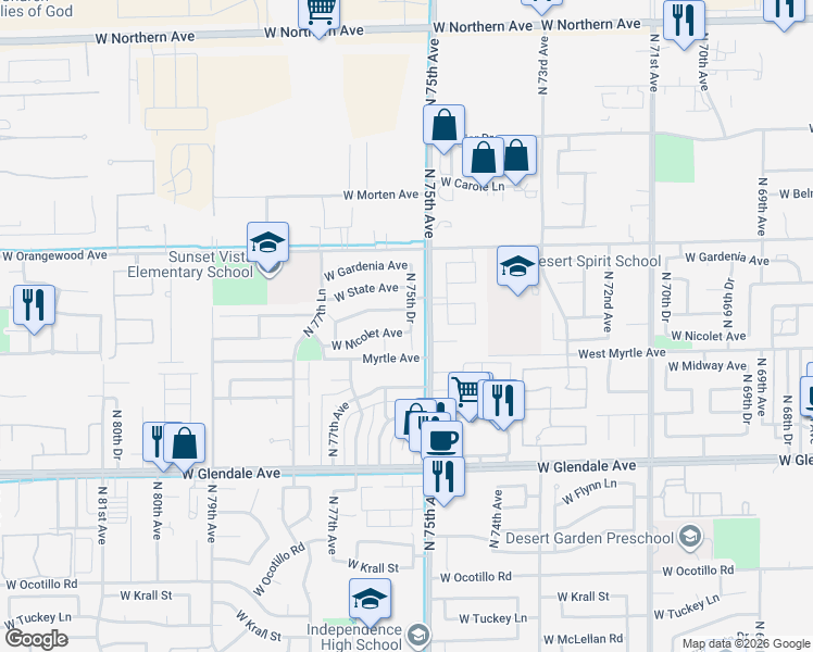 map of restaurants, bars, coffee shops, grocery stores, and more near 7249 North 75th Drive in Glendale