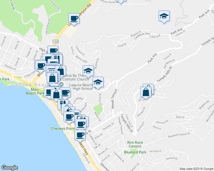 map of restaurants, bars, coffee shops, grocery stores, and more near 885 Manzanita Drive in Laguna Beach