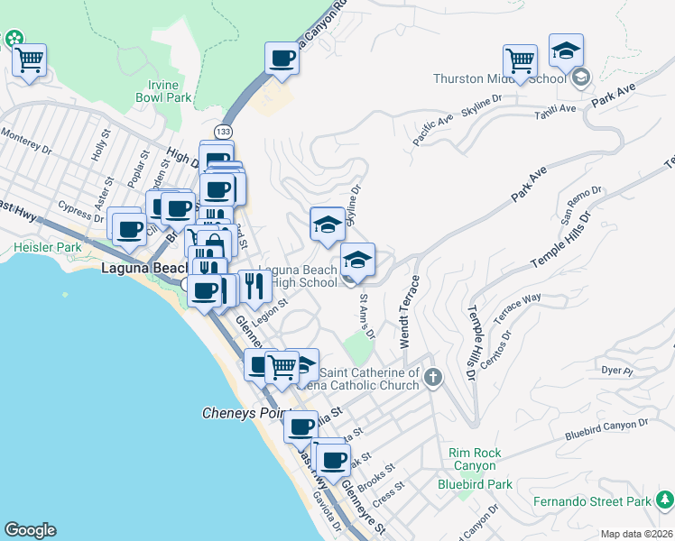 map of restaurants, bars, coffee shops, grocery stores, and more near 750 Manzanita Drive in Laguna Beach