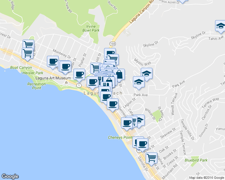 map of restaurants, bars, coffee shops, grocery stores, and more near 395 2nd Street in Laguna Beach