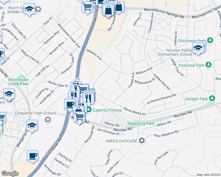 map of restaurants, bars, coffee shops, grocery stores, and more near 39276 Sierra La Vida in Murrieta