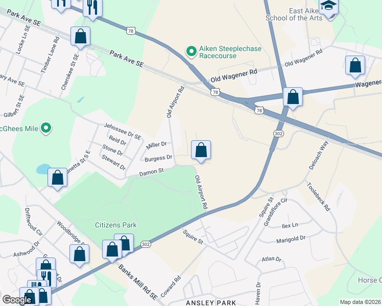 map of restaurants, bars, coffee shops, grocery stores, and more near 220 Old Airport Road in Aiken