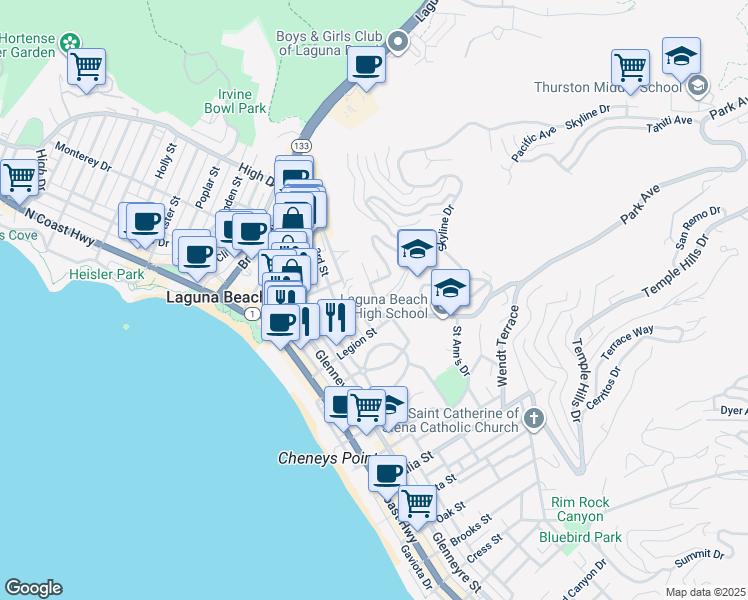 map of restaurants, bars, coffee shops, grocery stores, and more near 571 Blumont Street in Laguna Beach