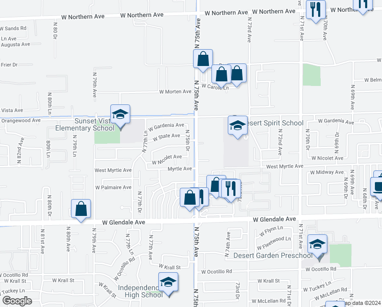 map of restaurants, bars, coffee shops, grocery stores, and more near 7237 North 75th Drive in Glendale