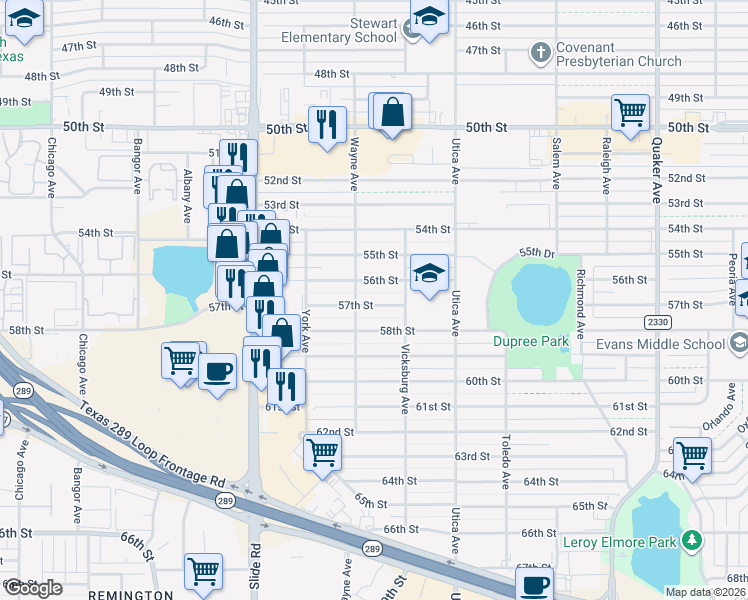 map of restaurants, bars, coffee shops, grocery stores, and more near 4915 56th Street in Lubbock
