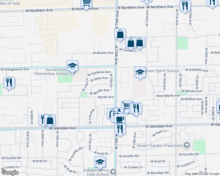 map of restaurants, bars, coffee shops, grocery stores, and more near 7249 North 75th Drive in Glendale