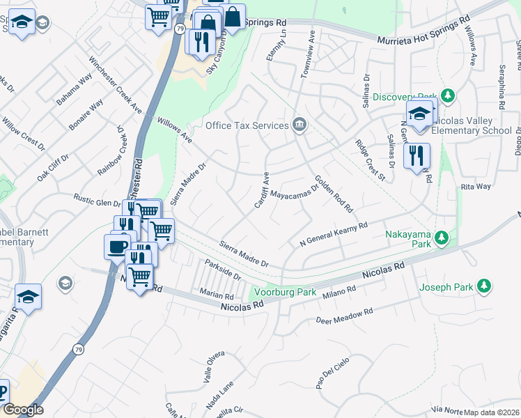 map of restaurants, bars, coffee shops, grocery stores, and more near 39584 Cardiff Avenue in Murrieta