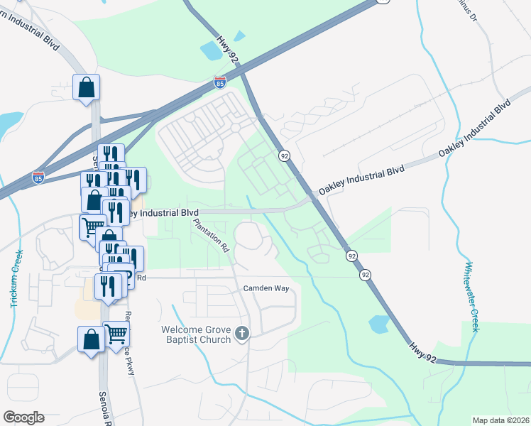 map of restaurants, bars, coffee shops, grocery stores, and more near 5500 Oakley Industrial Boulevard in Fairburn