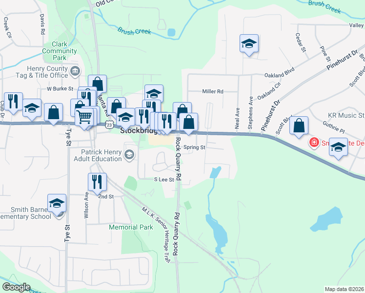 map of restaurants, bars, coffee shops, grocery stores, and more near 4467 North Henry Boulevard in Stockbridge