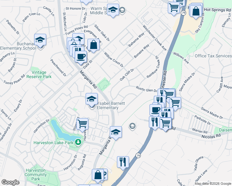map of restaurants, bars, coffee shops, grocery stores, and more near 39885 Rustic Glen Drive in Temecula