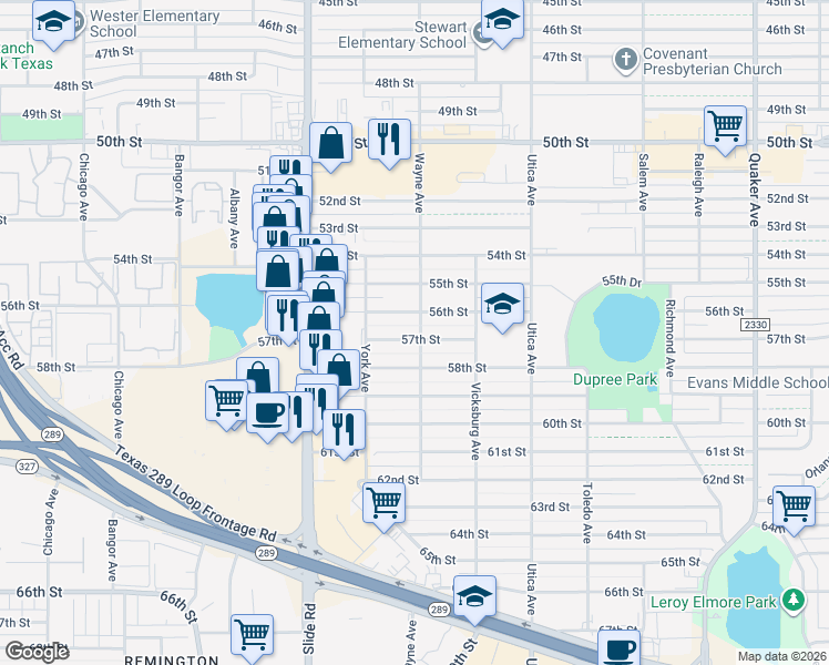 map of restaurants, bars, coffee shops, grocery stores, and more near 5007-5009 56th Street in Lubbock
