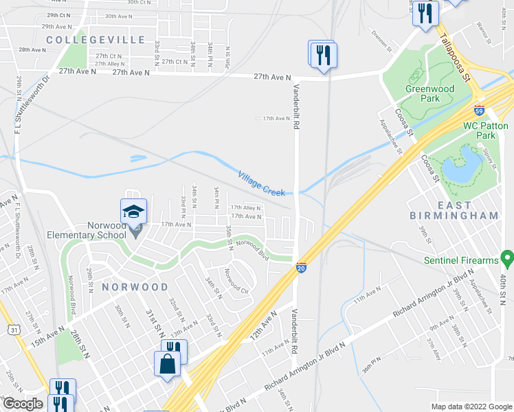 map of restaurants, bars, coffee shops, grocery stores, and more near 1712 36th Street North in Birmingham