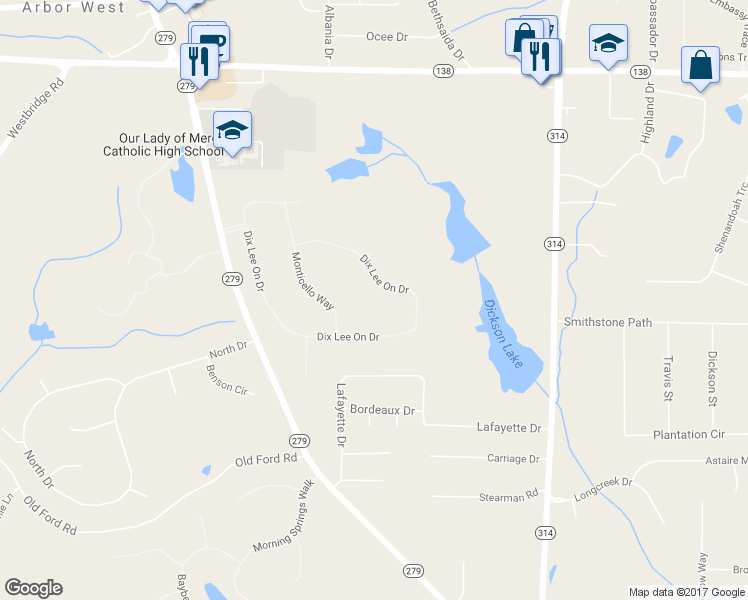 map of restaurants, bars, coffee shops, grocery stores, and more near 440 Dix Lee On Drive in Fayetteville